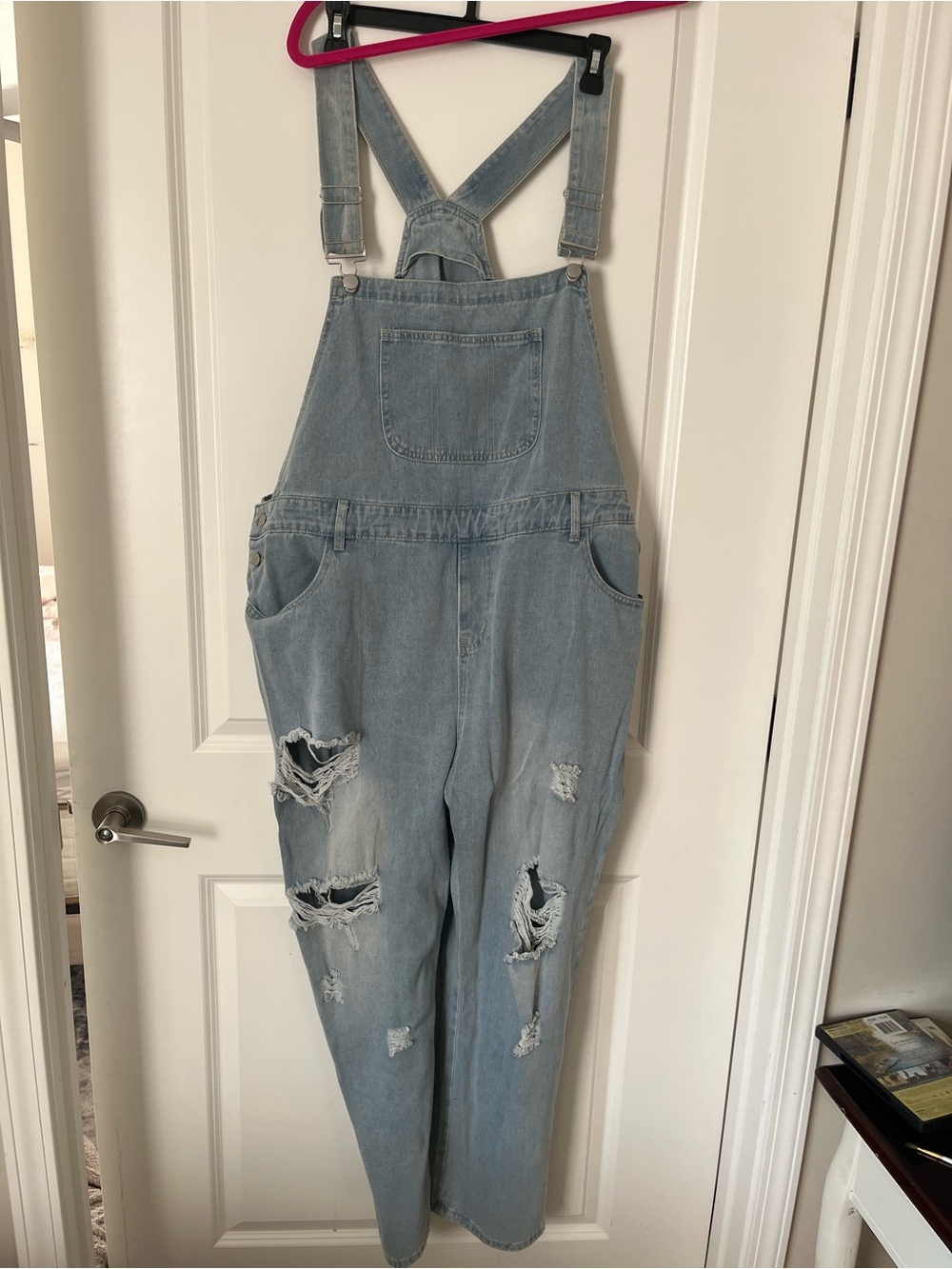 Distressed Light Blue Denim Overalls Jumpsuit for Women